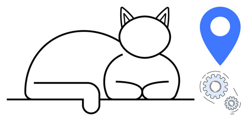 Cat outline in simple lines, accompanied by a location pin and gear icons, blending themes of navigation, automation, technology, tranquility, design, mechanics and simplicity. Ideal for simple flat