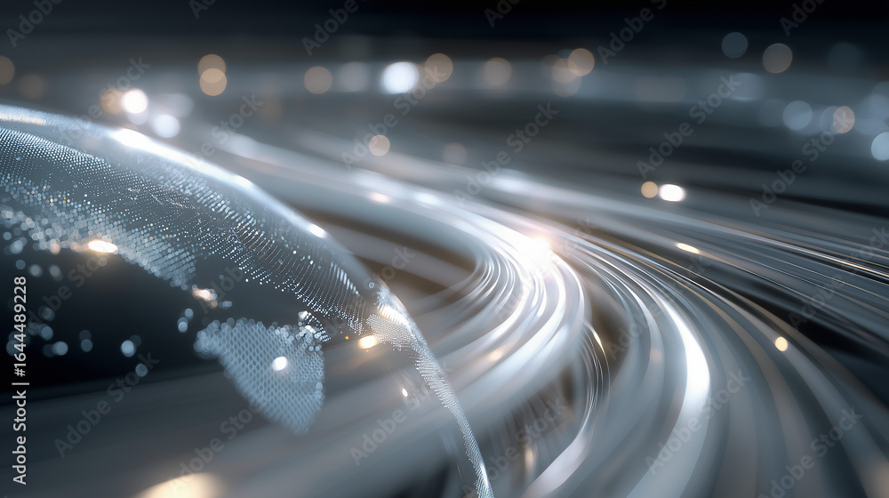 Poster digital network: illustrating a flowing digital network, with data streams weaving across a futurist
