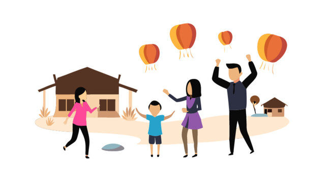 Filipino christmas tradition parol lantern making and hanging with family at night illustration vector