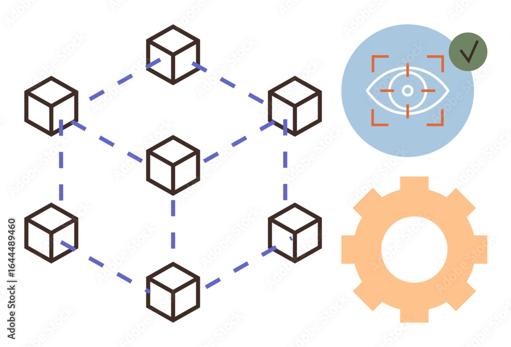 Poster network of connected cubes linked with dotted lines, security eye with check mark, orange gear. idea