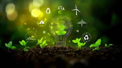 Tree growing on soil and environmentally friendly energy icons. earth day concept renewable energy to generate electricity