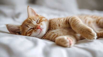 Orange kitten smiling with eyes closed, lying on back with paws raised above head on white background. Minimalist vector illustration for pet product designs, relaxation posters, social media, or ther