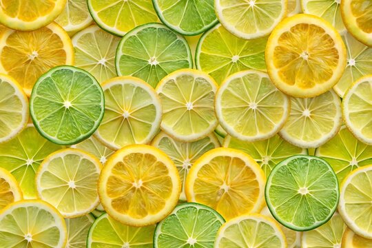 Vibrant citrus slices background featuring lemons and limes in a refreshing pattern