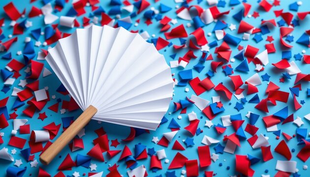 blank paper fan on red and blue confetti, july 4th, no people, no text, no logo