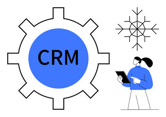 CRM text inside gear symbol, woman holding tablet, abstract network graphic. Ideal for technology, management, business strategy, customer relationship, teamwork, digital solutions simple landing