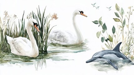 Obraz premium Serene aquatic scenes featuring elegant swans, a majestic heron, and a friendly dolphin in vibrant watercolors.