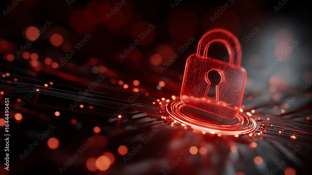 Poster digital fortress: a futuristic rendering of a glowing padlock, symbolizing cyber security, protectio