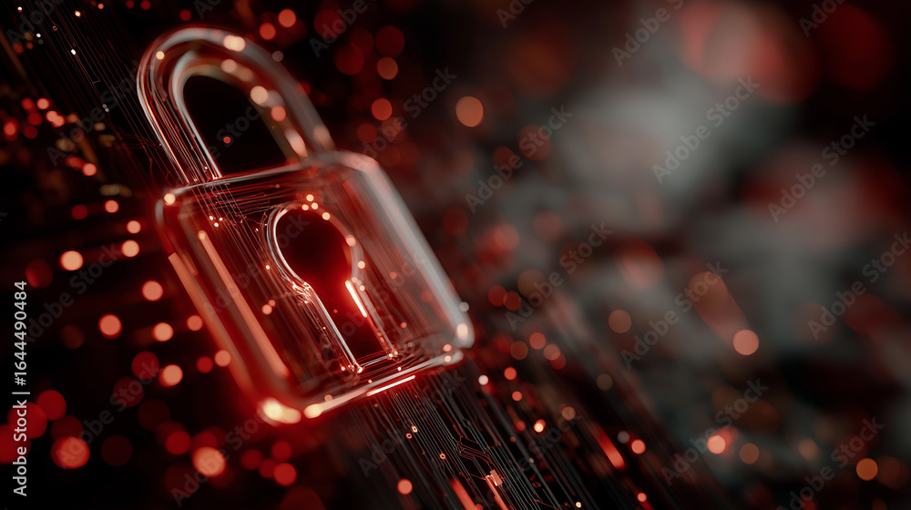 Poster digital fortress: an illuminated padlock shines amidst a web of data streams, symbolizing cybersecur
