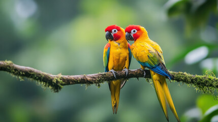 Tropical birds sitting on a tree branch in the rainforest