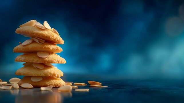 Almond cookies are stacked on a blue surface, encircled by almonds, with a blue bowl and pitcher visible in the background