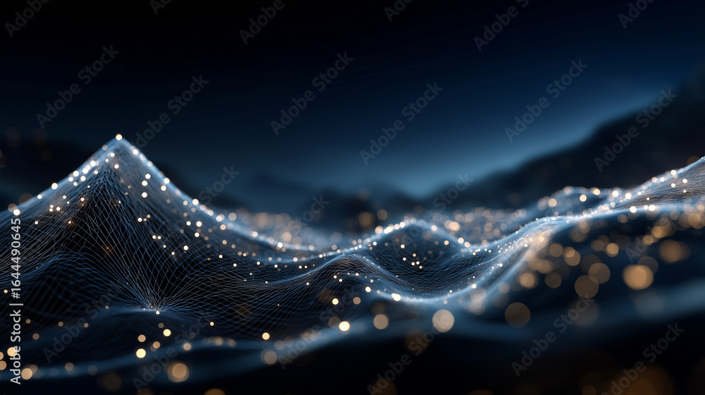 Poster digital data landscape: an abstract depiction of a luminous digital landscape, rendered in a deep bl