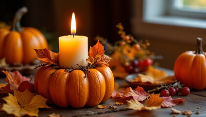 candle in pumpkin holder, fall, no people, no text, no logo