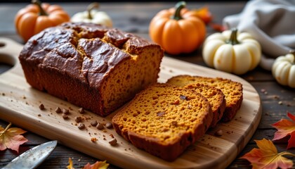 pumpkin bread on wooden cutting board, fall, no people, no text, no logo