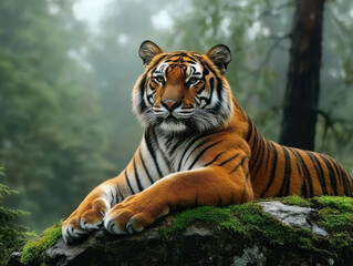 Tiger resting on mossy rock amid misty trees