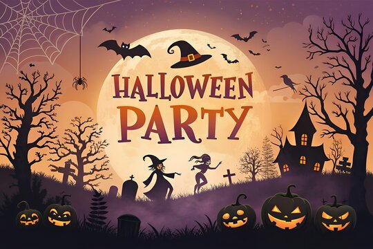 Spooky halloween party scene with full moon and silhouetted figures - Powered by Adobe