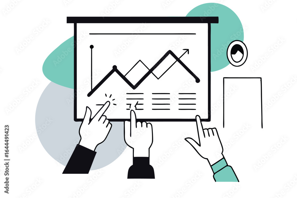 Poster team of hands pointing at a business growth chart on a whiteboard during a presentation