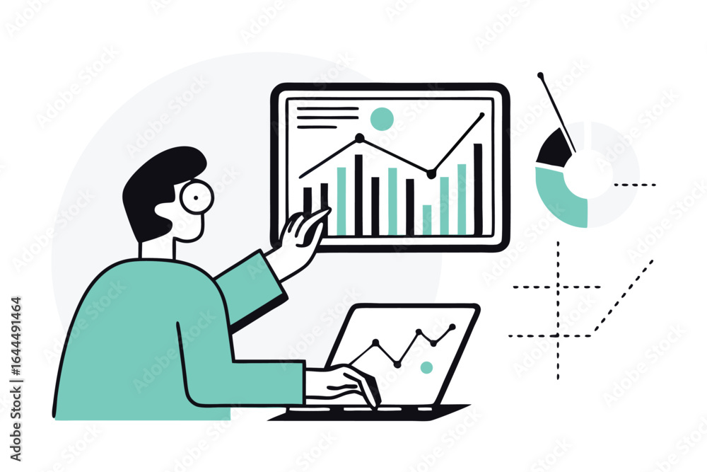 Poster man analyzing financial data and charts on a laptop and screen