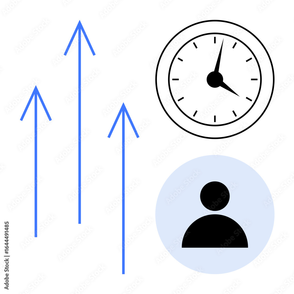Poster upward arrows, a clock showing time, and a user profile icon symbolize time management, productivity
