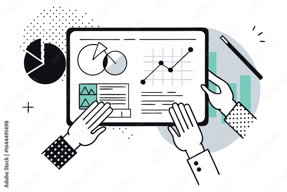 Poster hands interacting with a tablet displaying financial charts and graphs for business analysis