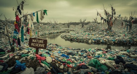 Fototapeta premium Ironic Nature Reserve: A Dystopian Landscape of Plastic Hills and Ragged Trees