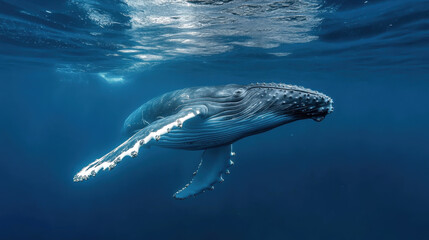 Obraz premium Humpback Whale Plays Near the Surface in Blue Water