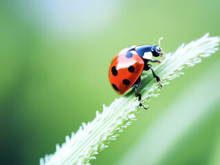 Fototapeta premium Beautiful tiny red bug on the grass after the rain