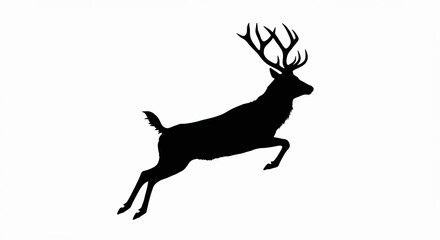 Fototapeta premium Black silhouette of a jumping deer with antlers extended on a white background