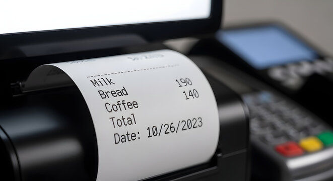Detailed receipt from a cash register showing prices of milk, bread, and coffee. Perfect for food service businesses.