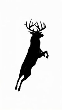 Black silhouette of a jumping deer with antlers extended on a white background