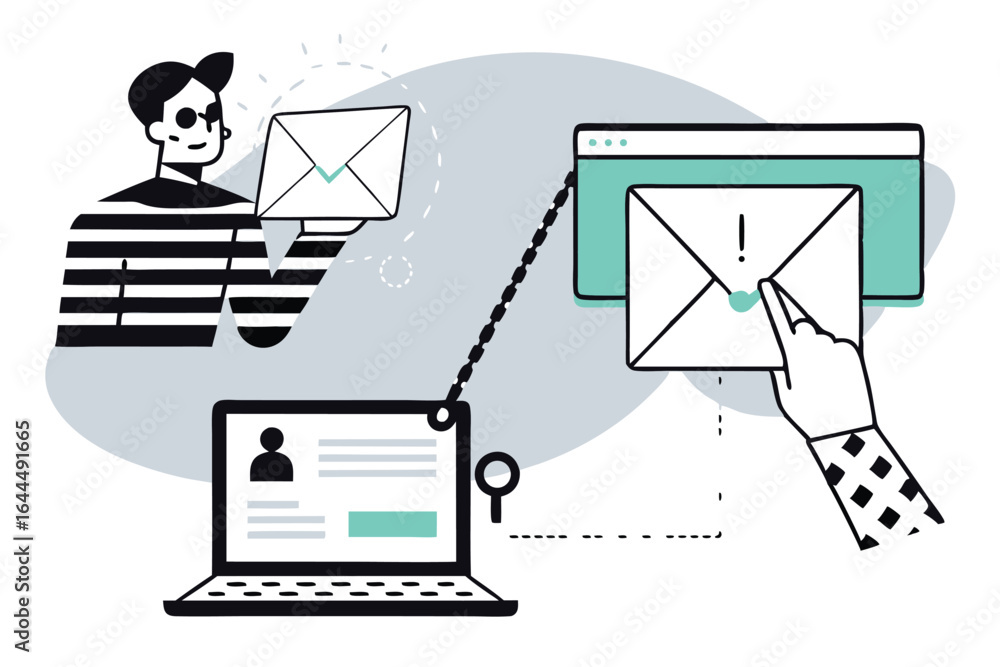 Aufkleber cybercriminal sending phishing email from laptop to user receiving it on computer screen