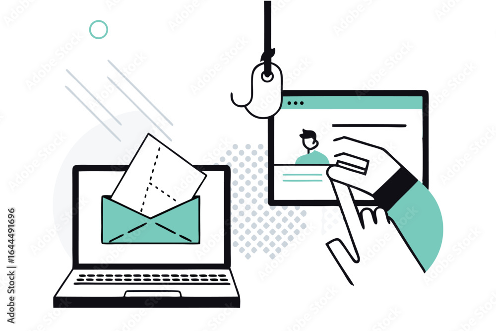 Aufkleber digital phishing attack concept with a fishing hook targeting a computer screen and email