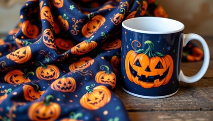 Naklejka premium pumpkin print scarf and mug, halloween, no people, no text, no logo