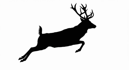 Black silhouette of a jumping deer with antlers extended on a white background