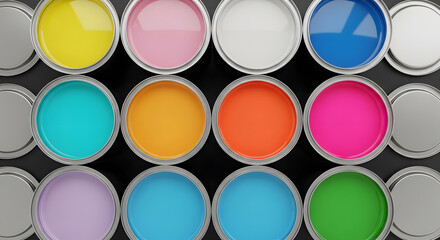 Colorful paint cans forming a vibrant and inspiring palette
