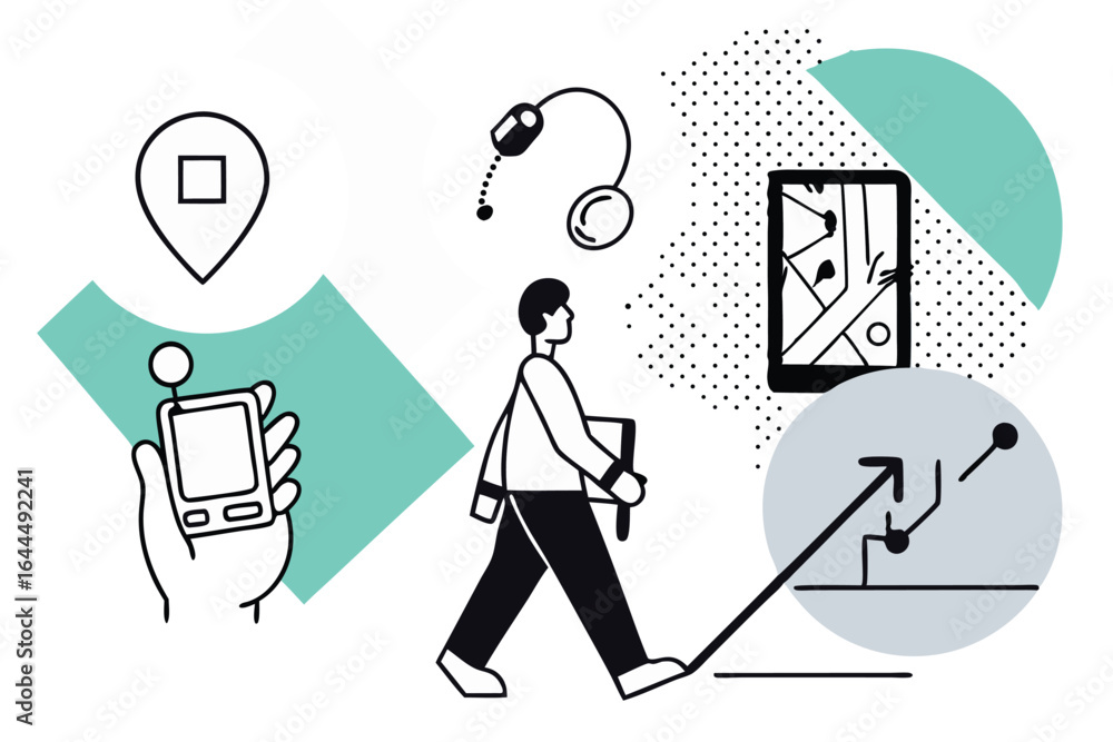 Aufkleber man walking with smartphone and navigation app showing a route with location pin and headphones