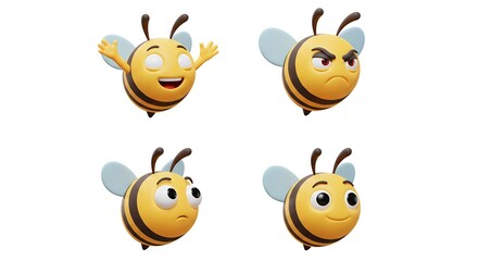 Naklejka premium Four cartoon bee characters with different expressions