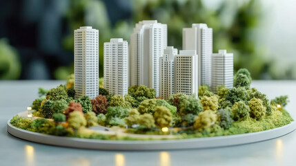Fototapeta premium miniature cityscape showcases tall, white buildings vibrant greenery with nature