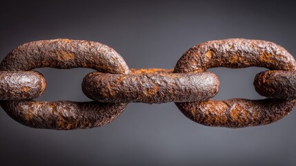 Fototapeta premium In a dramatic lighting setting, a close-up captures the texture and detail of rusty metal chain links, emphasizing their aged surface and industrial appearance