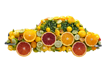 Citrus Car on Transparent Background Made of Sliced Oranges Grapefruits Limes and Lemons, PNG
