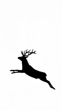 Black silhouette of a jumping deer with antlers extended on a white background