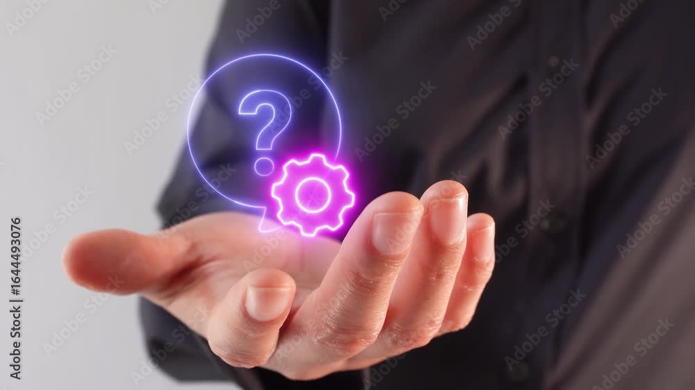 Poster customer service and problem resolution. person holding a virtual icon of a question and a gear in t