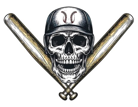 Skull in baseball cap with crossed bats