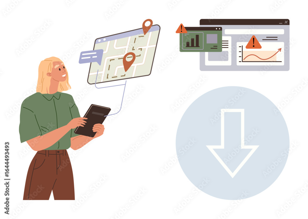 Poster woman using tablet with map, location pin, data charts, and error warnings. ideal for navigation, te