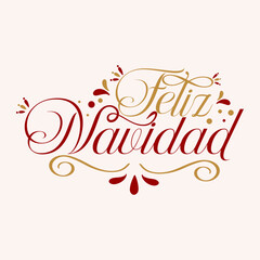 Naklejka premium Feliz Navidad text meaning Merry Christmas in Spanish. Feliz Navidad text design with Christmas stars and elegant swirls, perfect for greeting cards, banners, posters, flyers, and social media posts.