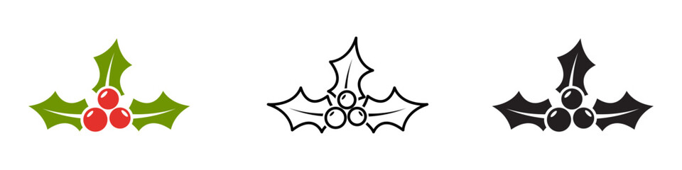 Christmas berries icon vector set featuring holly leaves, mistletoe, and festive berry designs. Perfect for holiday decorations, gift tags, greeting cards, and digital artwork.