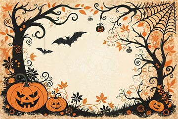 Whimsical halloween border with spooky trees bats and jack o lanterns