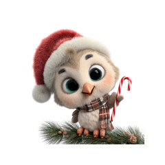 Adorable 3D Render of a Christmas Owl with Candy Cane