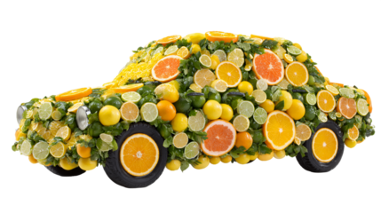 Citrus Car Made of Oranges Lemons Limes and Grapefruit on Transparent Background, PNG