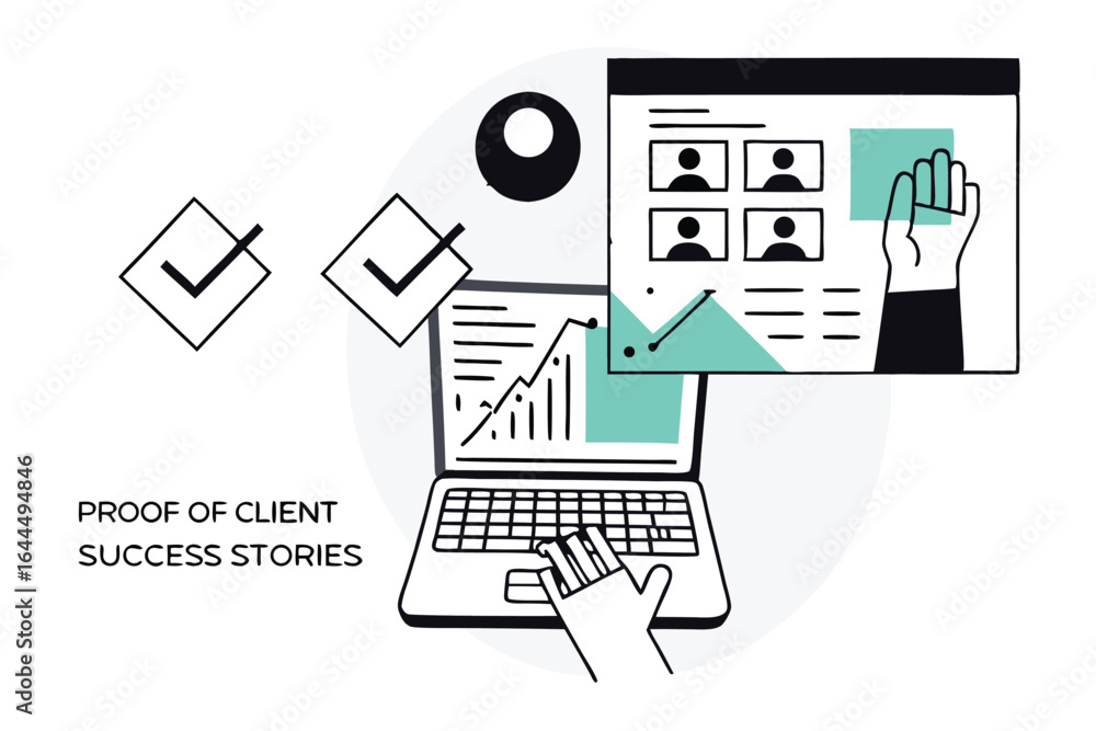 Aufkleber digital proof of client success stories with data analysis and team collaboration