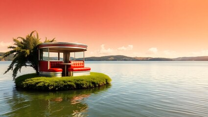 Fototapeta premium A diner booth on a small island with a tree in the middle of a lake under a gradient sky
